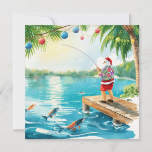 Fishing Christmas with Santa Claus Holiday Card