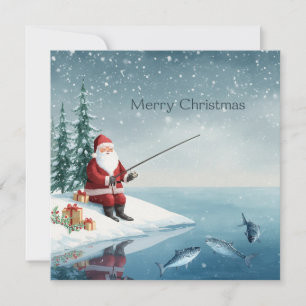 Fishing Christmas with Santa Claus Holiday Card