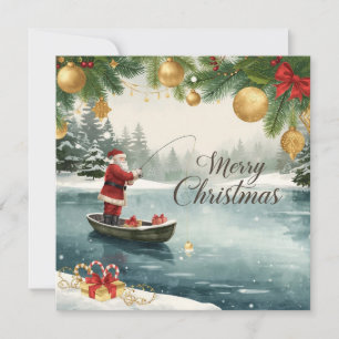 Fishing Christmas with Santa Claus in the Winter Holiday Card