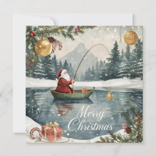 Fishing Christmas with Santa Claus in the Winter Holiday Card