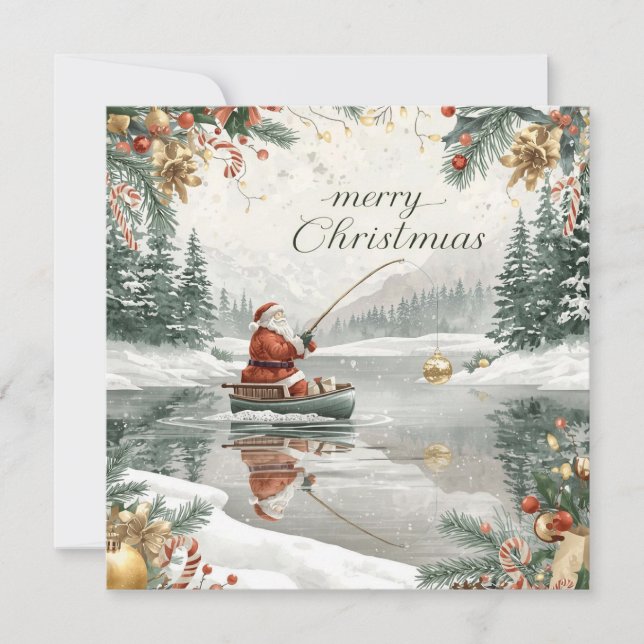 Fishing Christmas with Santa Claus in the Winter Holiday Card (Front)