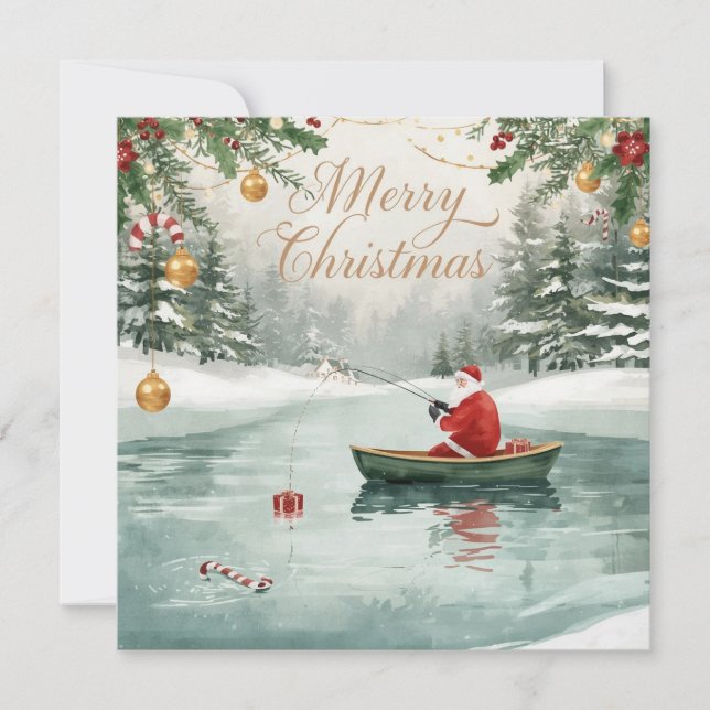 Fishing Christmas with Santa Claus in the Winter Holiday Card (Front)