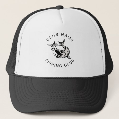 Fishing Club Name Fish Cartoon Black White Trucker Hat