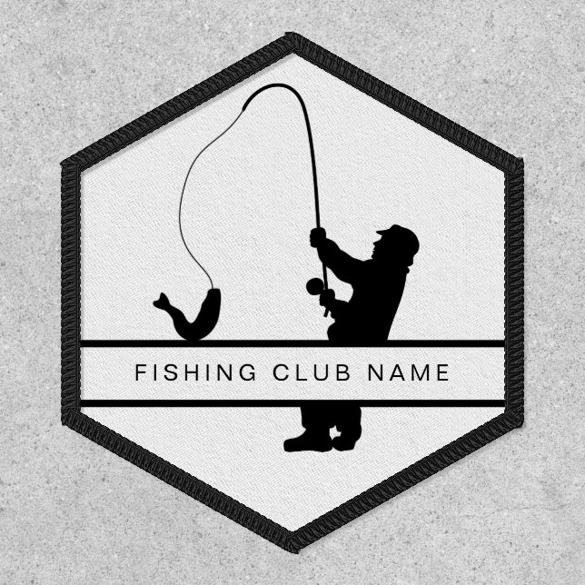 Fishing Club Name Fisherman Silhouette Black White Patch (Front)