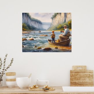 Fishing Digital Watercolor River Canoe Poster