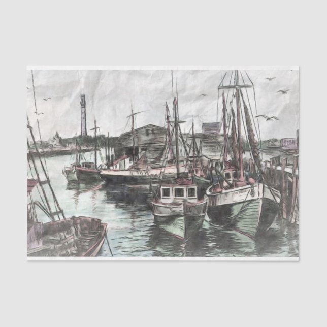 Fishing Docks Vintage Decoupage  Tissue Paper (Front)