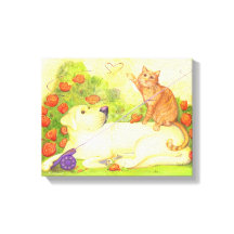 Fishing Dog and Cat / Wrapped Canvas 14" x 11"