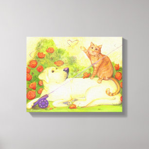Fishing Dog and Cat / Wrapped Canvas 14" x 11" Print