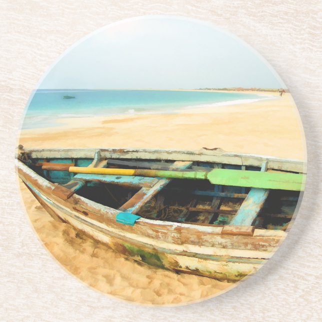 Fishing Dory on the Beach Sandstone Coaster (Front)