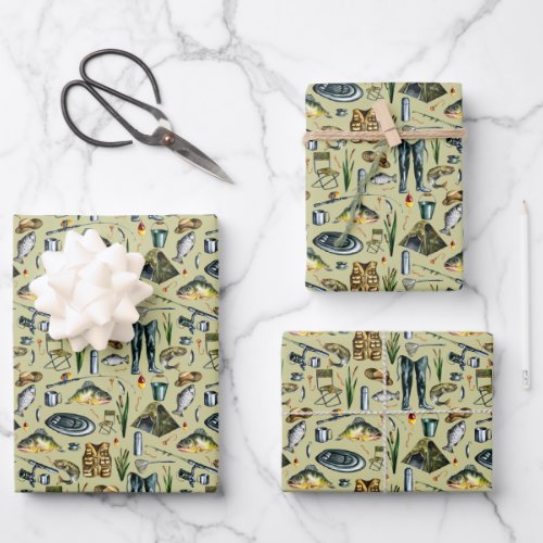 Fishing Equipment Fish Raft Tent Waders Pattern Wrapping Paper Sheets