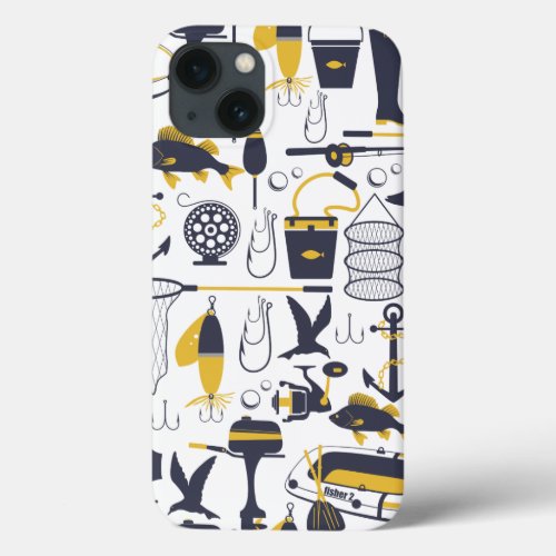 Fishing Equipment in Blue and Gold iPhone 13 Case