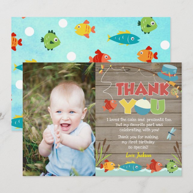 Fishing Fish Birthday Thank You Cards (Front/Back)
