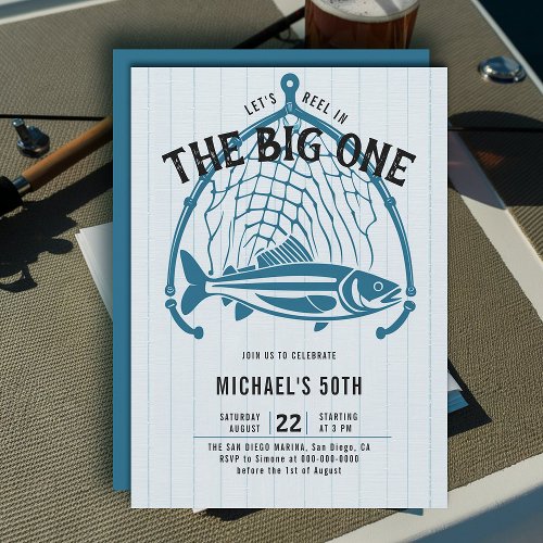 Fishing Fish Net Blue Casual Fun Men 50th Birthday Invitation