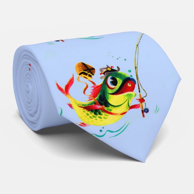 fishing fish print neck tie (Rolled)