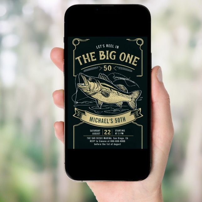 Fishing Fish Reel Black Gold Men 50th Birthday Invitation (Front Digital)