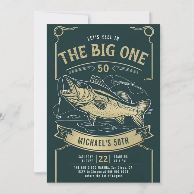 Fishing Fish Reel Green Gold Men 50th Birthday Invitation (Front)