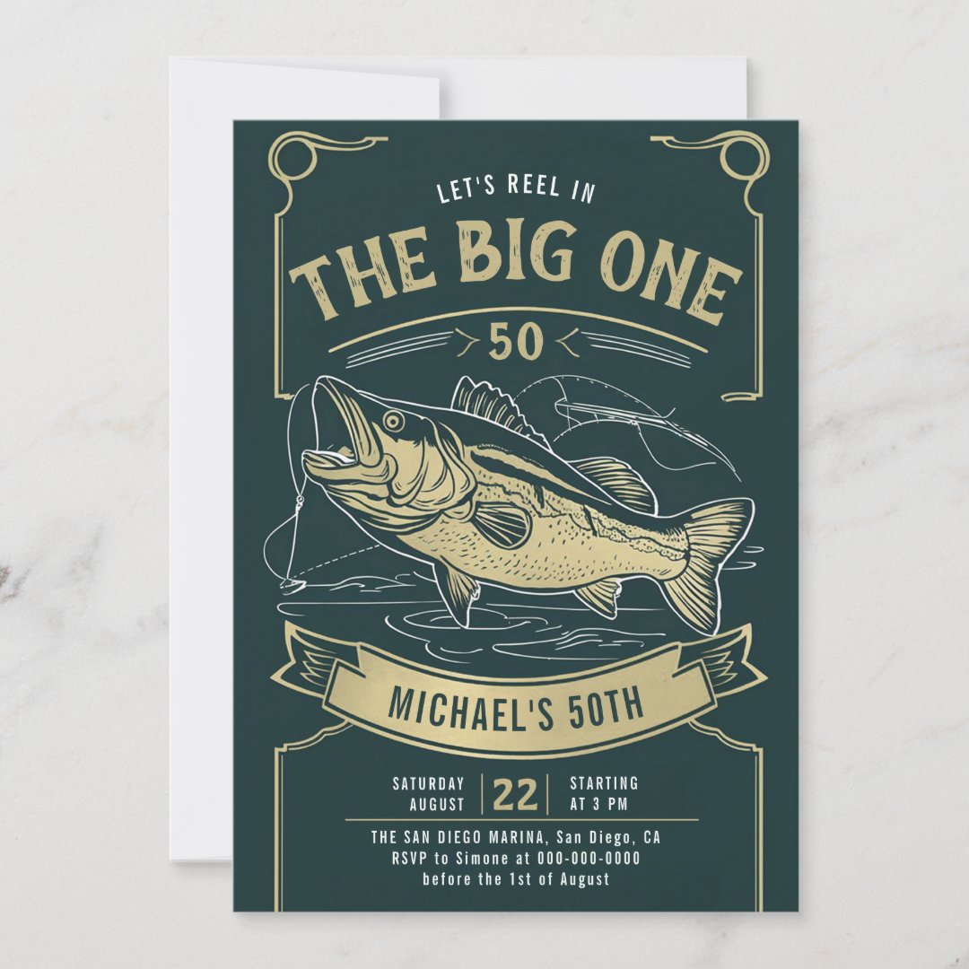 Fishing Fish Reel Green Gold Men 50th Birthday                    Invitation