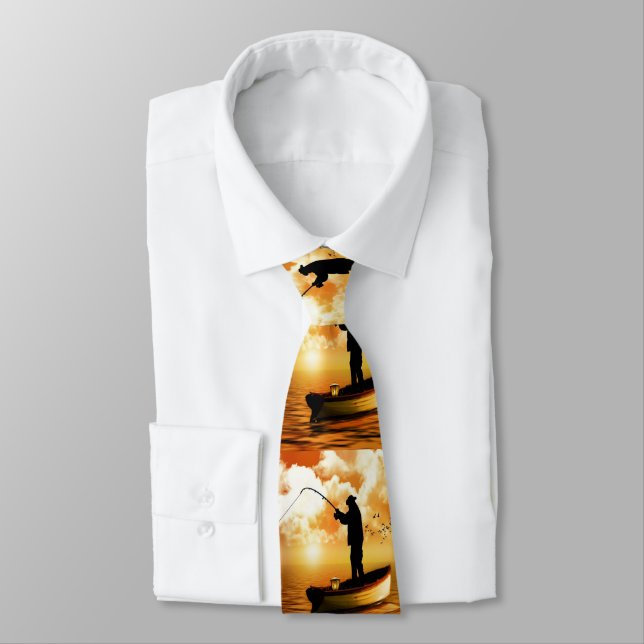 Fishing Fisherman In Boat  at Sunset Neck Tie (Tied)