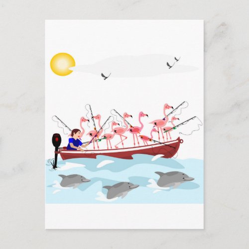 Fishing flamingos postcard