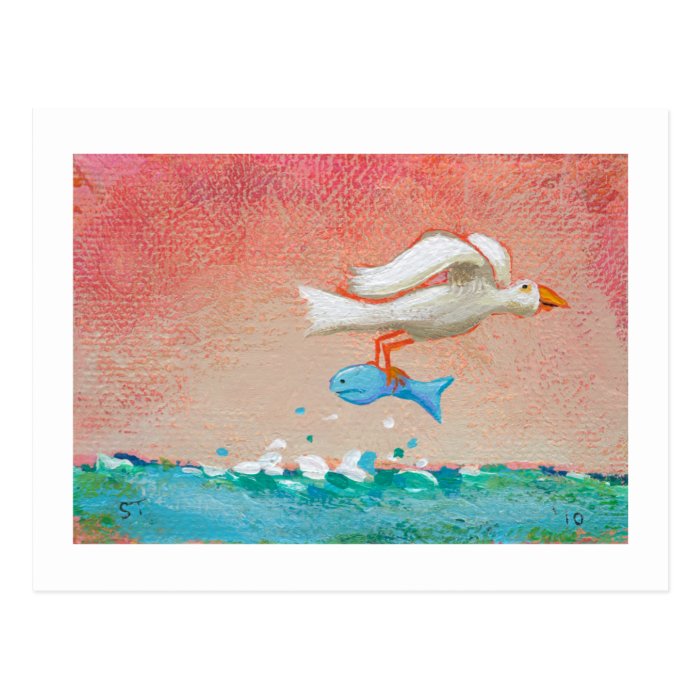 Fishing for dinner   Tiny Art #608 Bird & Fish art Post Card