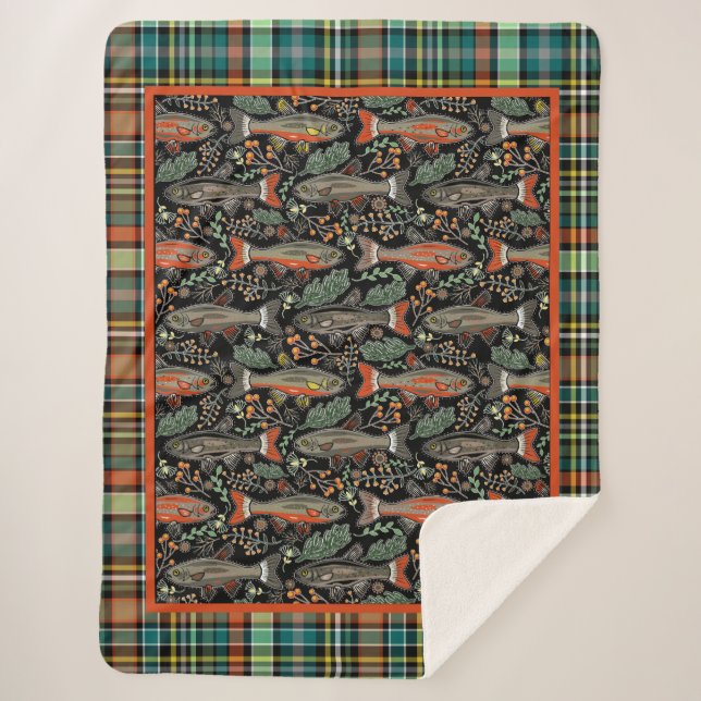 Fishing Freshwater Brook Trout Lake Life Plaid  Sherpa Blanket (Front)