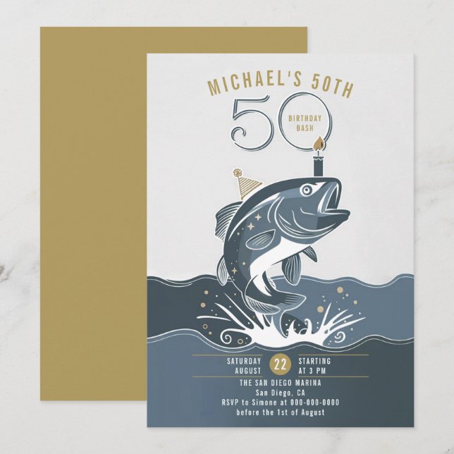 Fishing Fun Big Fish Blue Casual Men 50th Birthday Invitation (Front/Back)