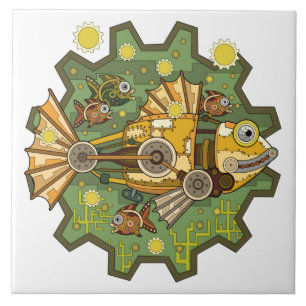 Fishing Gear, Whimsical Mechanical Fish Ceramic Tile