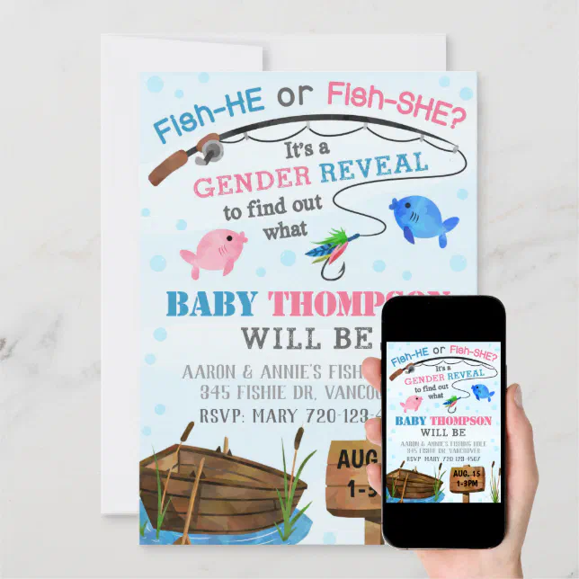 Fishing Gender Reveal Invitation, FishHE FishSHE Invitation Zazzle