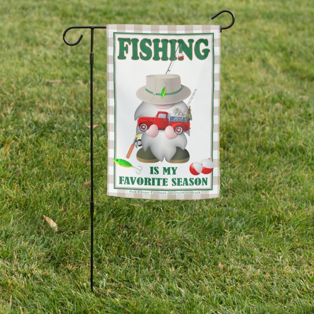 Fishing Gnome with Little Red Truck Garden Flag (In SItu)