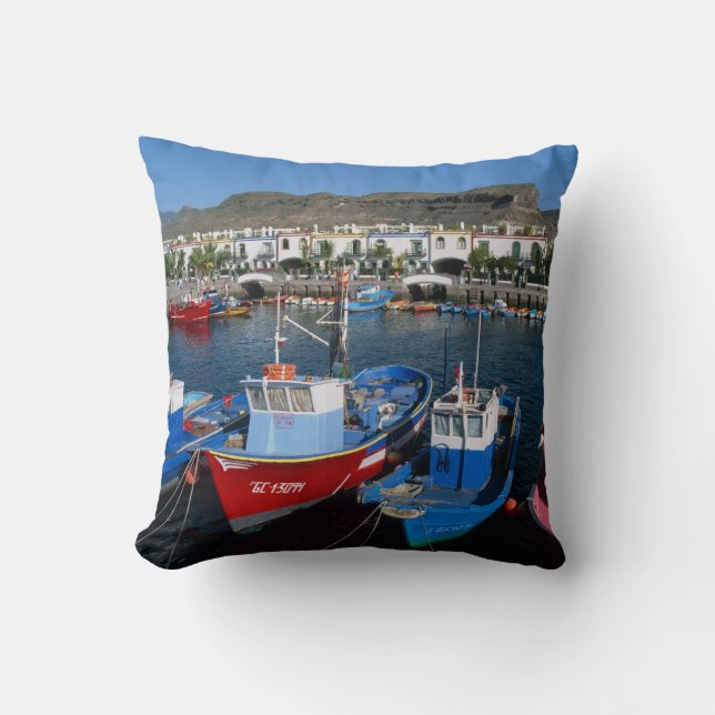 Fishing Harbor, Puerto de Mogan, Gran Canaria, Throw Pillow (Front)