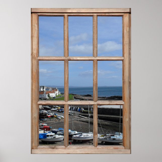 Fishing Harbor View from a Window Poster (Front)