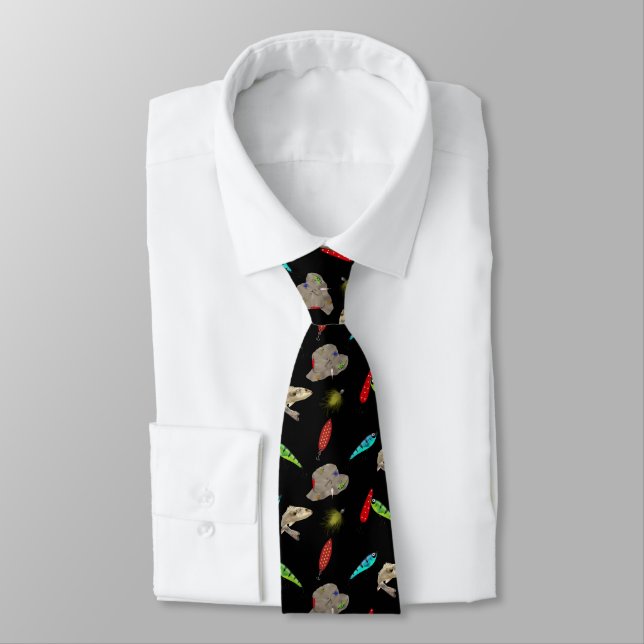 Fishing Hats and Lures on Black Neck Tie (Tied)