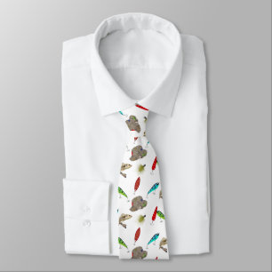 Fishing Hats and Lures on White Neck Tie