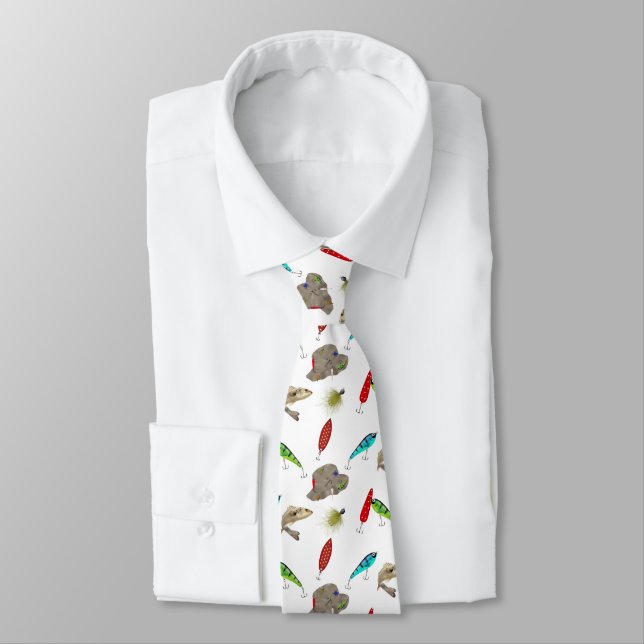 Fishing Hats and Lures on White Neck Tie (Tied)