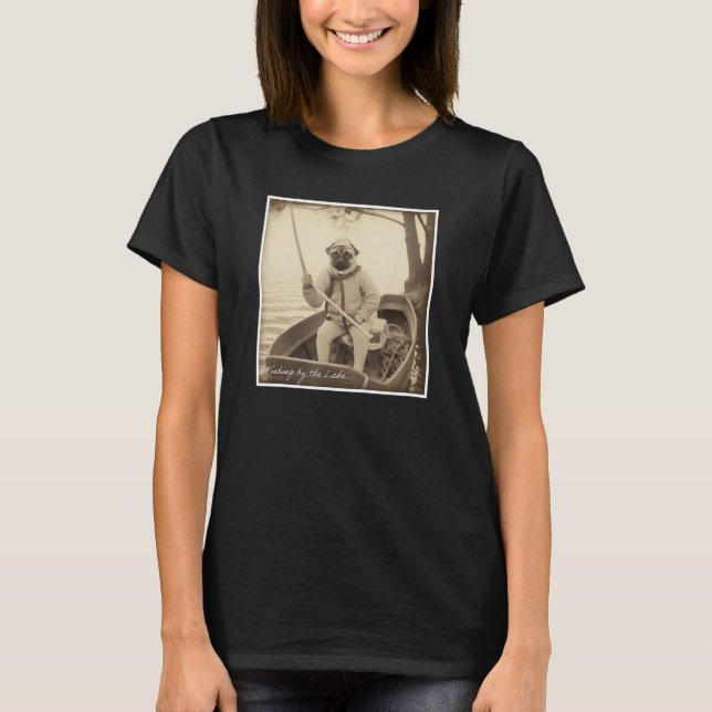 Fishing Humor Cute Pug on a Boat T-Shirt (Front)