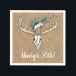 Fishing Hunting 50th Birthday Napkins<br><div class="desc">A hunting fishing happy 50th - or any age you desire.  SIMPLY EDIT THE TEXT! Bass jumping over deer skull is my most popular hand drawn design!  Please find matching party items,  including the invitations in my store (see "collections" at the top bar).</div>