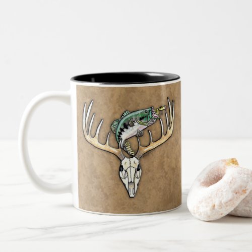 Fishing Hunting Bass jump Deer Skull Antlers Two_Tone Coffee Mug