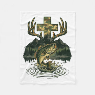 Fishing Hunting Christian Cross Mountain Jesus Fleece Blanket