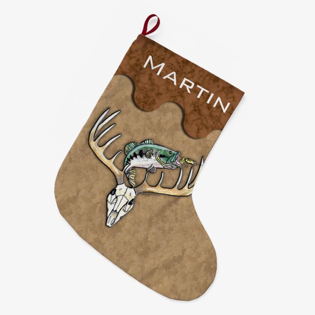 Fishing Hunting Deer Antlers Jumping Fish Large Christmas Stocking (Front (Hanging))
