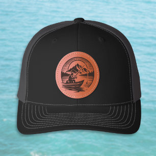 Fishing in a Boat on a Mountain Lake Sunburst Leather Patch Hat