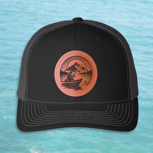Fishing in a Boat on a Mountain Lake Sunburst Leather Patch Hat (Creator Uploaded)
