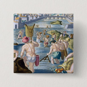 Fishing in Shallow Waters Using Nets, plate 96 fro Pinback Button