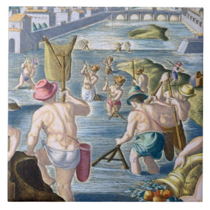 Fishing in Shallow Waters Using Nets, plate 96 fro Tile