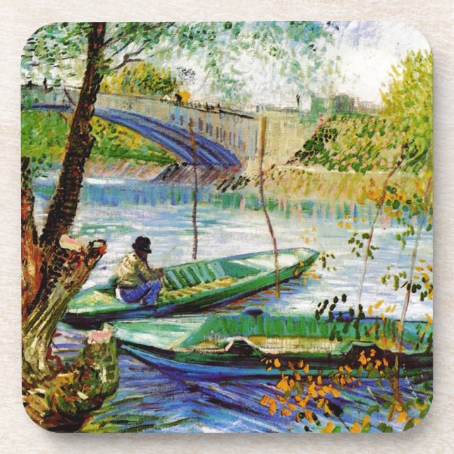 Fishing in Spring, Vincent van Gogh. Beautiful fis Beverage Coaster (Front)