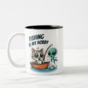 Fishing is my hobby - cat in a boat and alien fish Two-Tone coffee mug