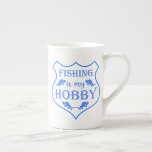 Fishing is my hobby shield quote on crest bone china mug