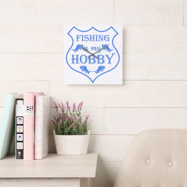 Fishing is my hobby shield quote on crest  square wall clock (Reading Room)