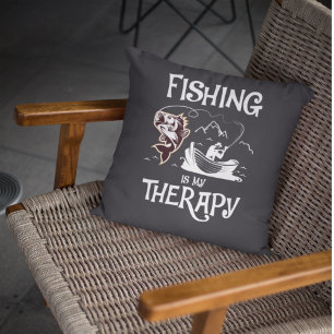 Fishing Is My Therapy Dark Gray Row Boat Throw Pillow