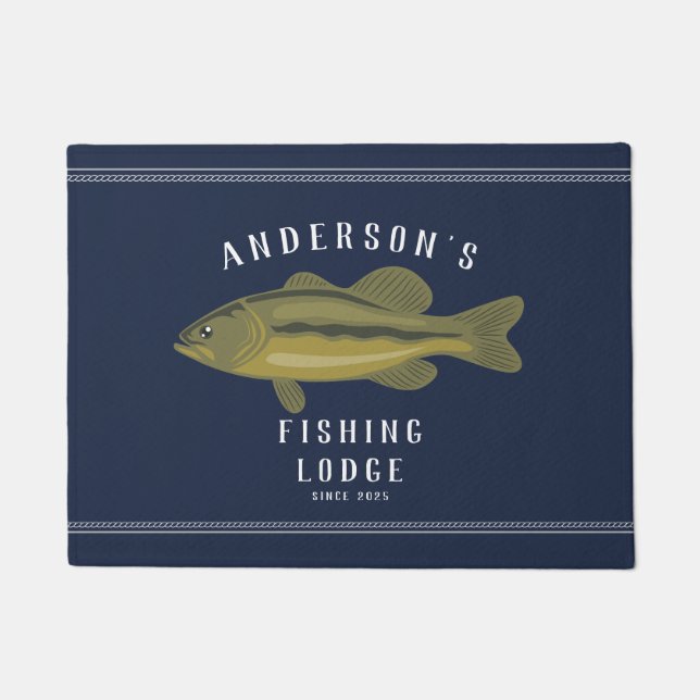 Fishing Lodge in Blue, Bass and Family Doormat (Front)