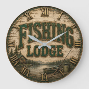 Fishing Lodge Rustic Cabin Lake Decor Vintage Fish Large Clock